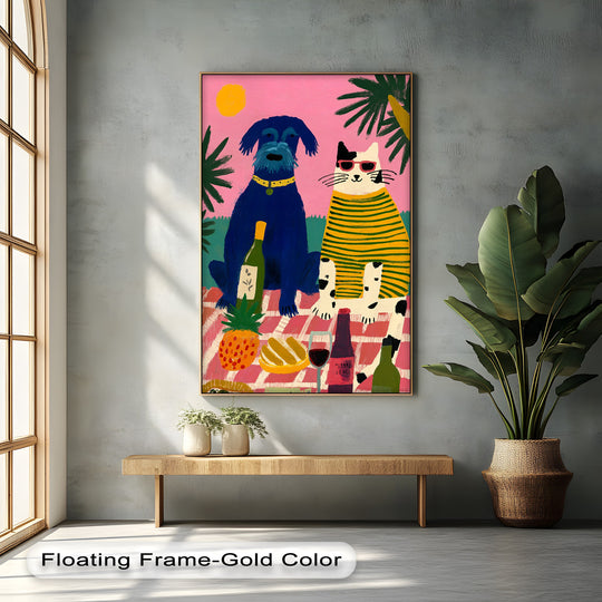 Canvas wall art of a playful blue dog and cat enjoying a vibrant picnic with pineapple and wine.