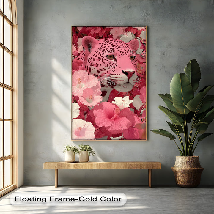 Blush Predator – Pink Leopard in Hibiscus Jungle Canvas Print