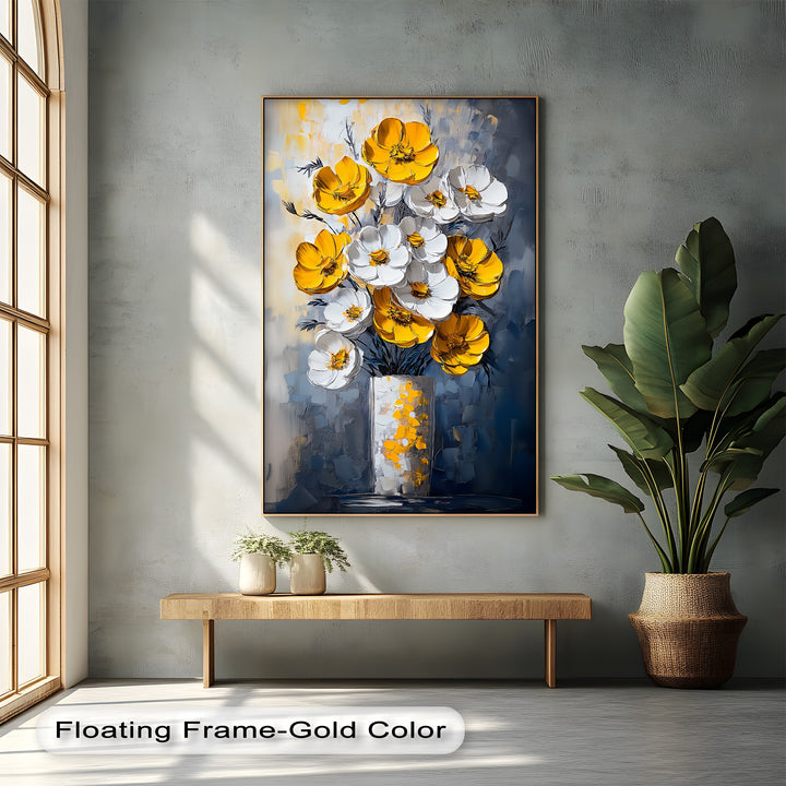 Sunlit Elegance – Yellow and White Poppies in Vase Canvas Print