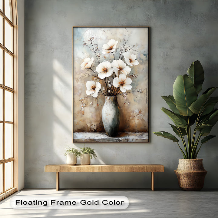 Vintage Bloom Still Life – White Flowers in Vase Canvas Print