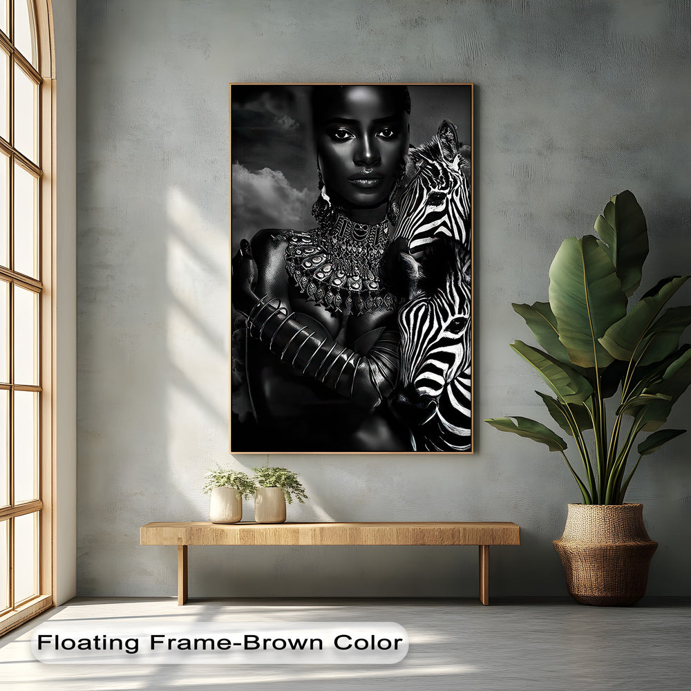 The brightest area, a sunlit arched window, illuminates a `canvas wall art` featuring an elegant monochrome safari portrait with a zebra.