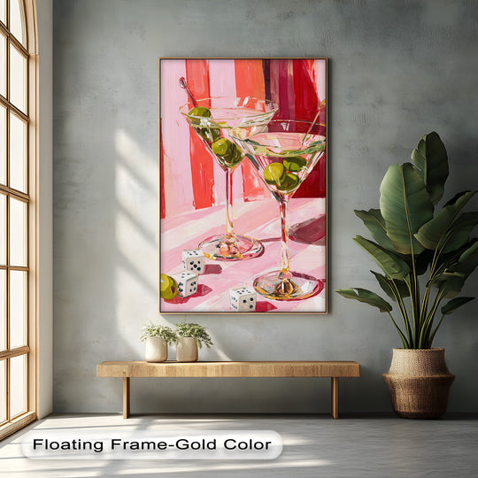 Vertical and rectangular pink martini cocktail canvas print features a high quality canvas prints orientation, perfect for adding a modern touch to bar wall decor.