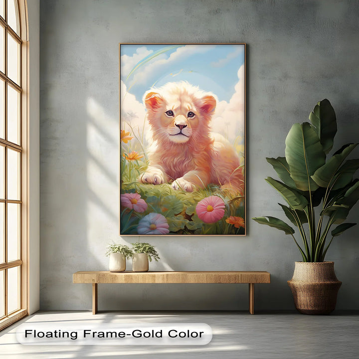Innocent Majesty – Baby Lion Cub in Blooming Field Animal Canvas Print - MyPhotoStation