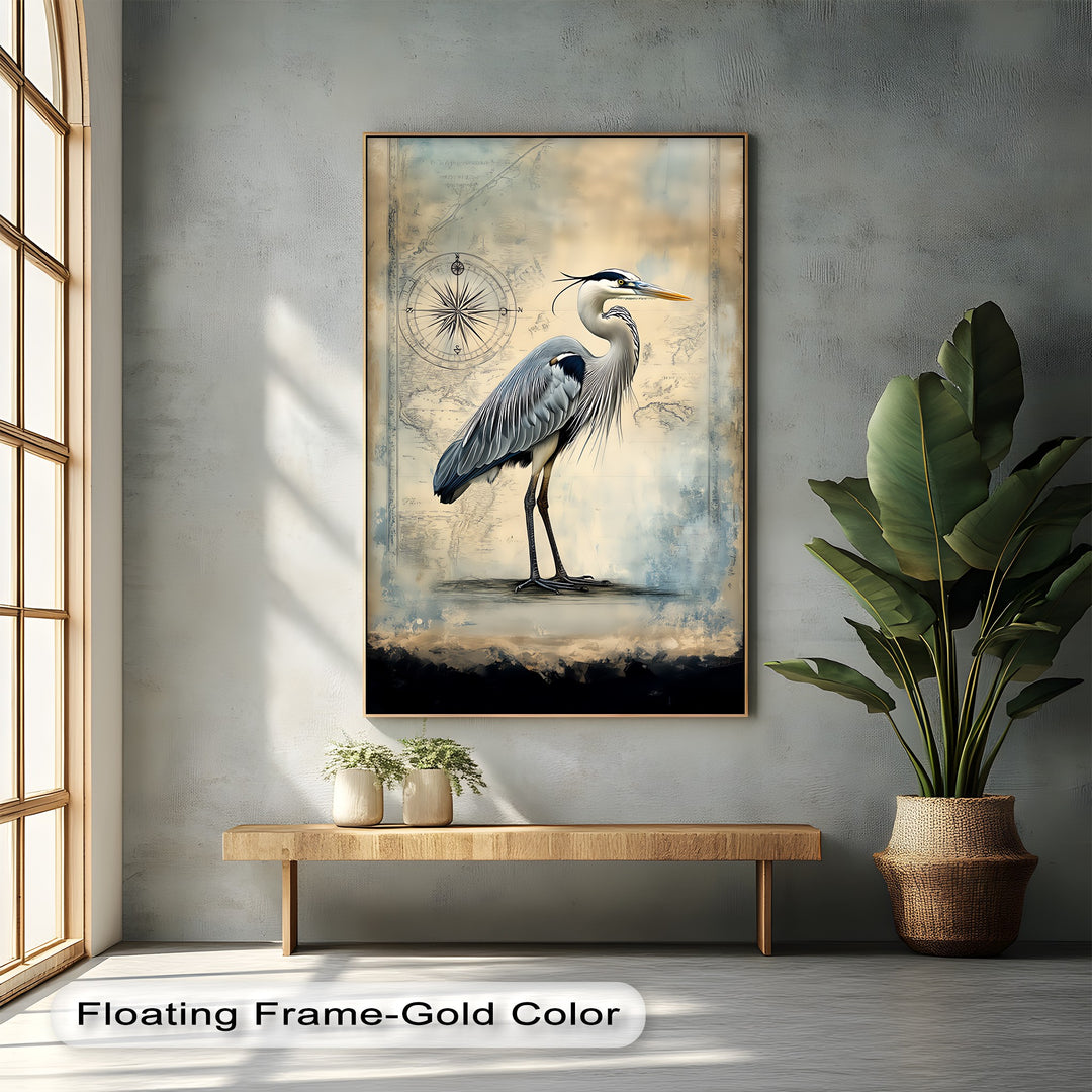 Navigational Heron – Vintage Map Inspired Bird Canvas Print