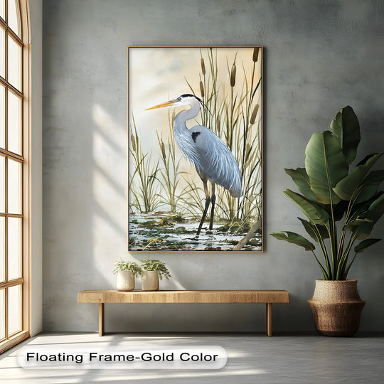 Shifting hues define the majestic heron in the marshland hanging canvas, where feathery blues blend with reeds in this realistic bird canvas print.