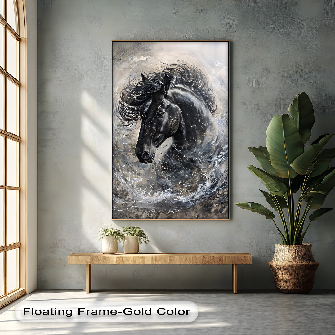 Stardust Fury – Black Horse in Motion Abstract Canvas Print