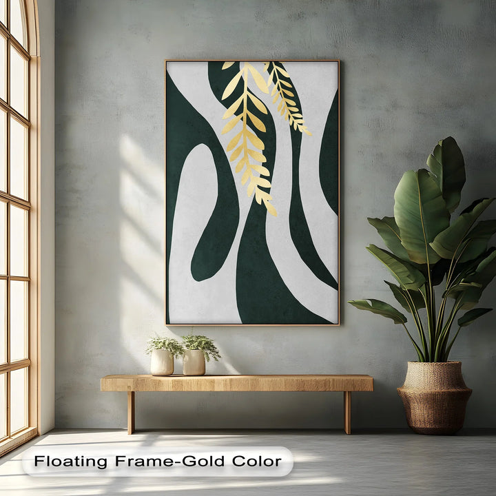 Golden Fern Over Emerald Flow – Minimal Botanical Canvas Print - MyPhotoStation
