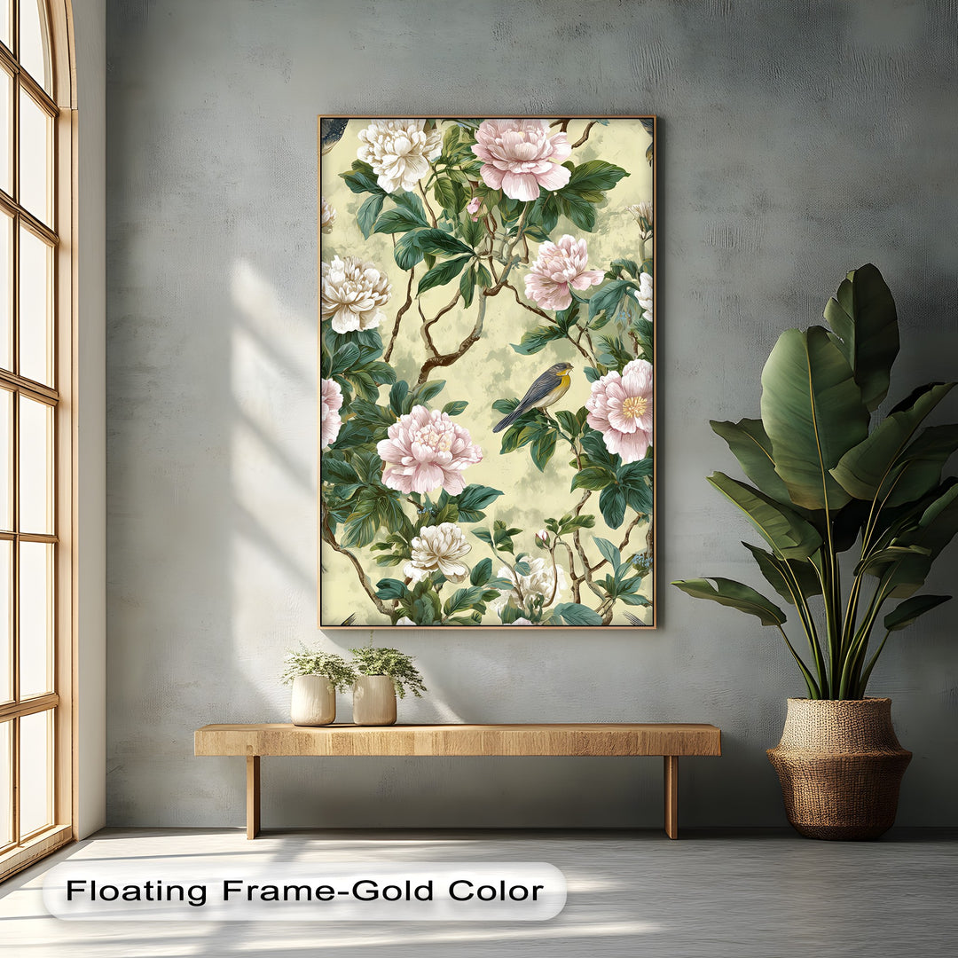 Peony Flowers and Bird - Botanical Canvas Wall Art | Framed Art
