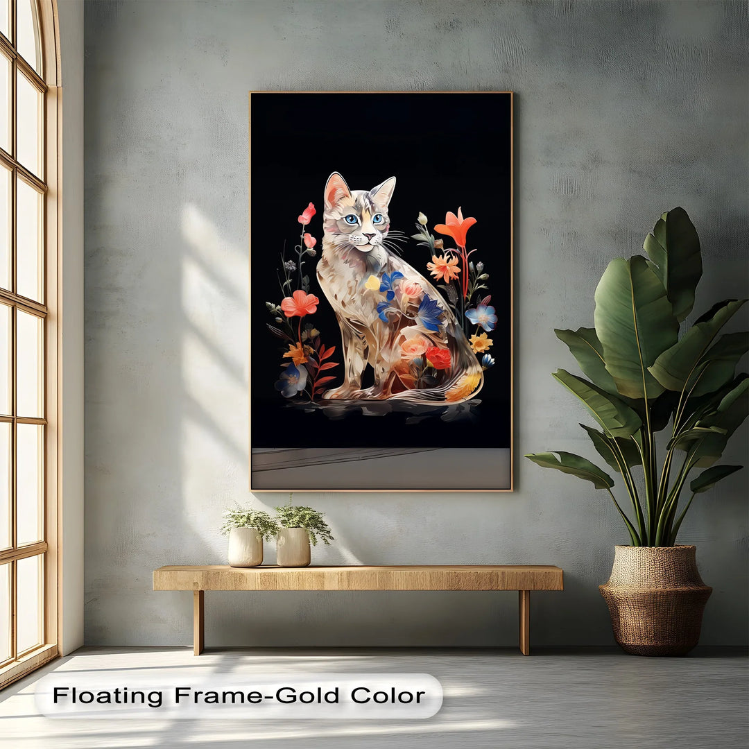 Botanical Gaze – Floral Patterned Cat with Blue Eyes Cat Canvas Print - MyPhotoStation