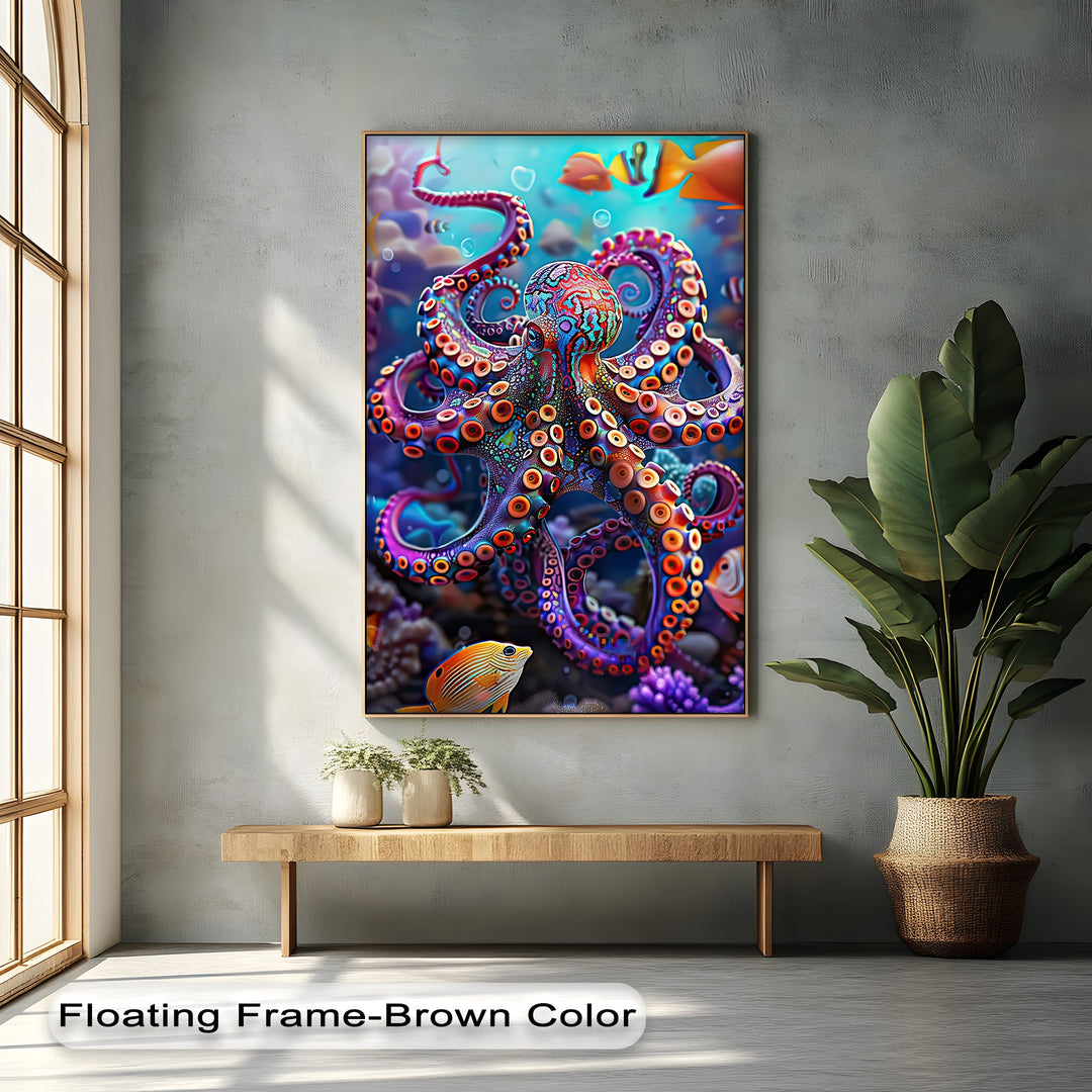 A vertically oriented, rectangular canvas wall art showcases a vibrant, colorful octopus surrounded by tropical fish and a lively coral reef.