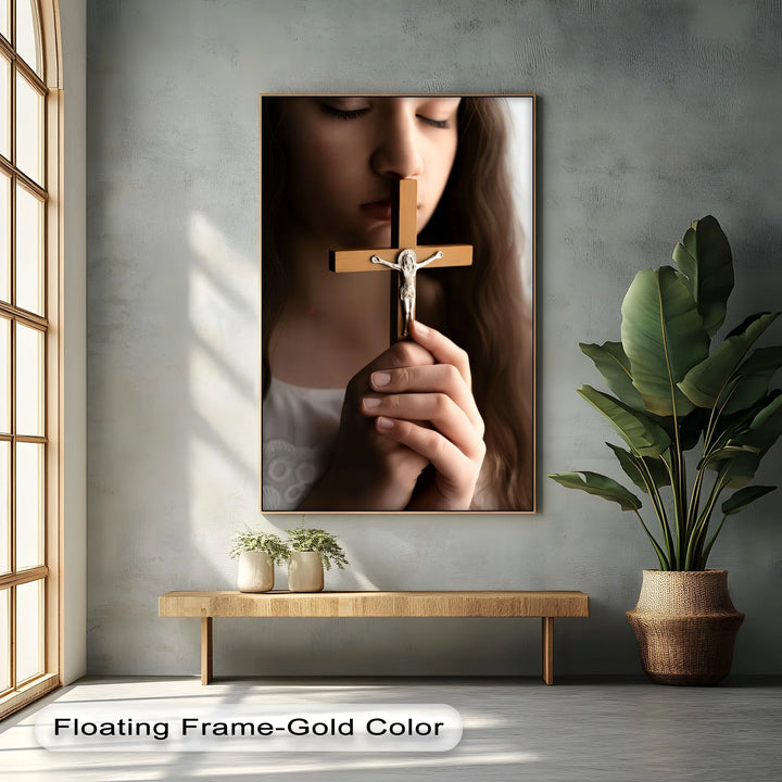 Faithful Prayer – Girl Holding Crucifix Close-Up Canvas Print