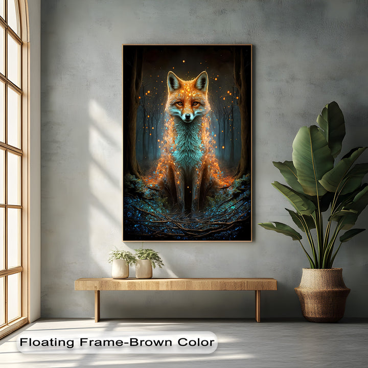 The foreground features a wooden bench with potted plants and a tall floor plant, enhancing the unique canvas print of a mystic fox.