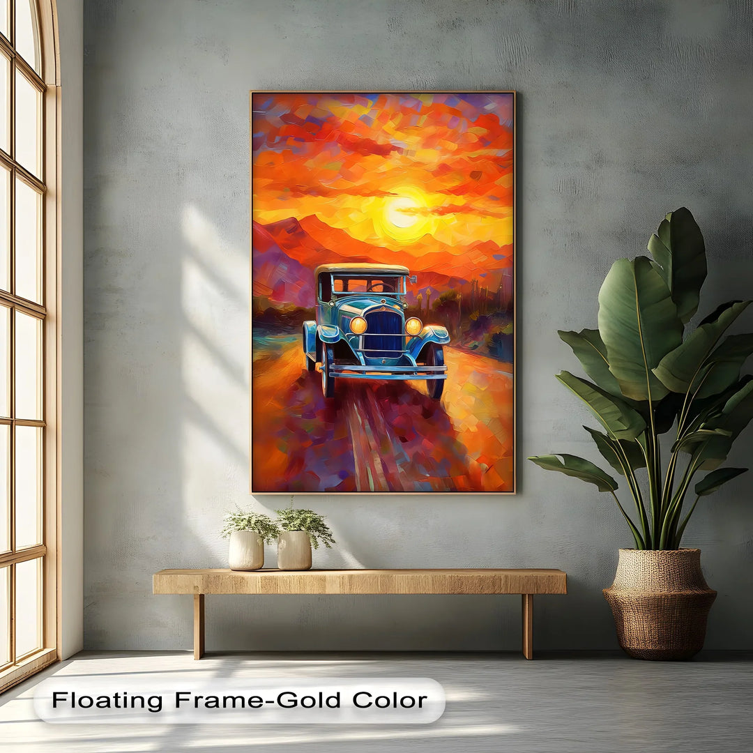 Sunset Journey – Vintage Car on Painted Desert Road Canvas Print - MyPhotoStation