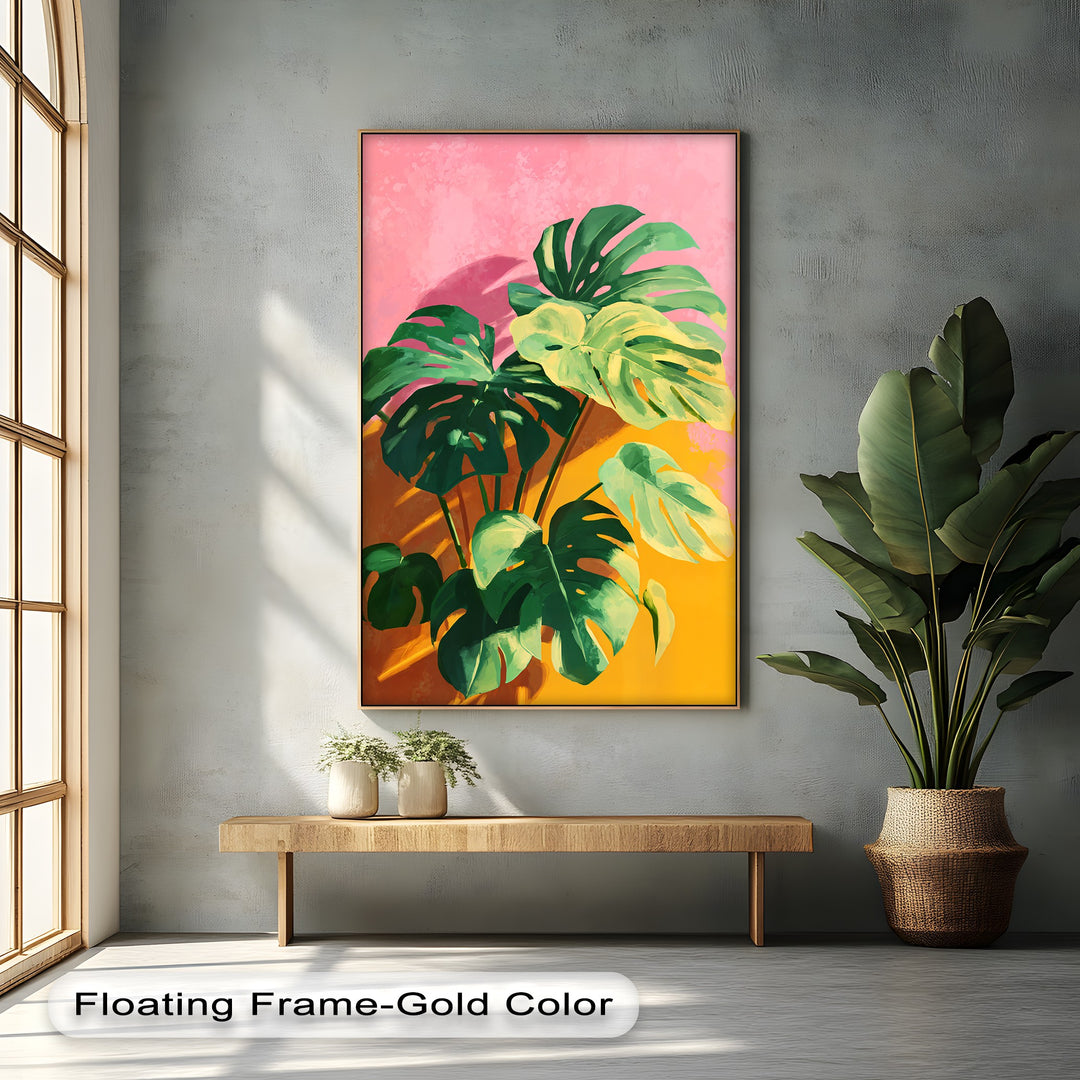 Foreground focus on the tropical monstera leaves with this vibrant botanical wall art as premium canvas decor, offering a refreshing natural touch.