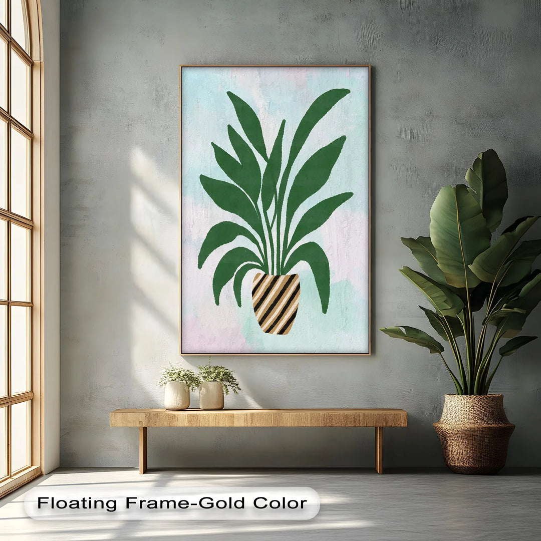 Striped Planter Botanical Art – Minimalist Green Leaf Canvas Print - MyPhotoStation