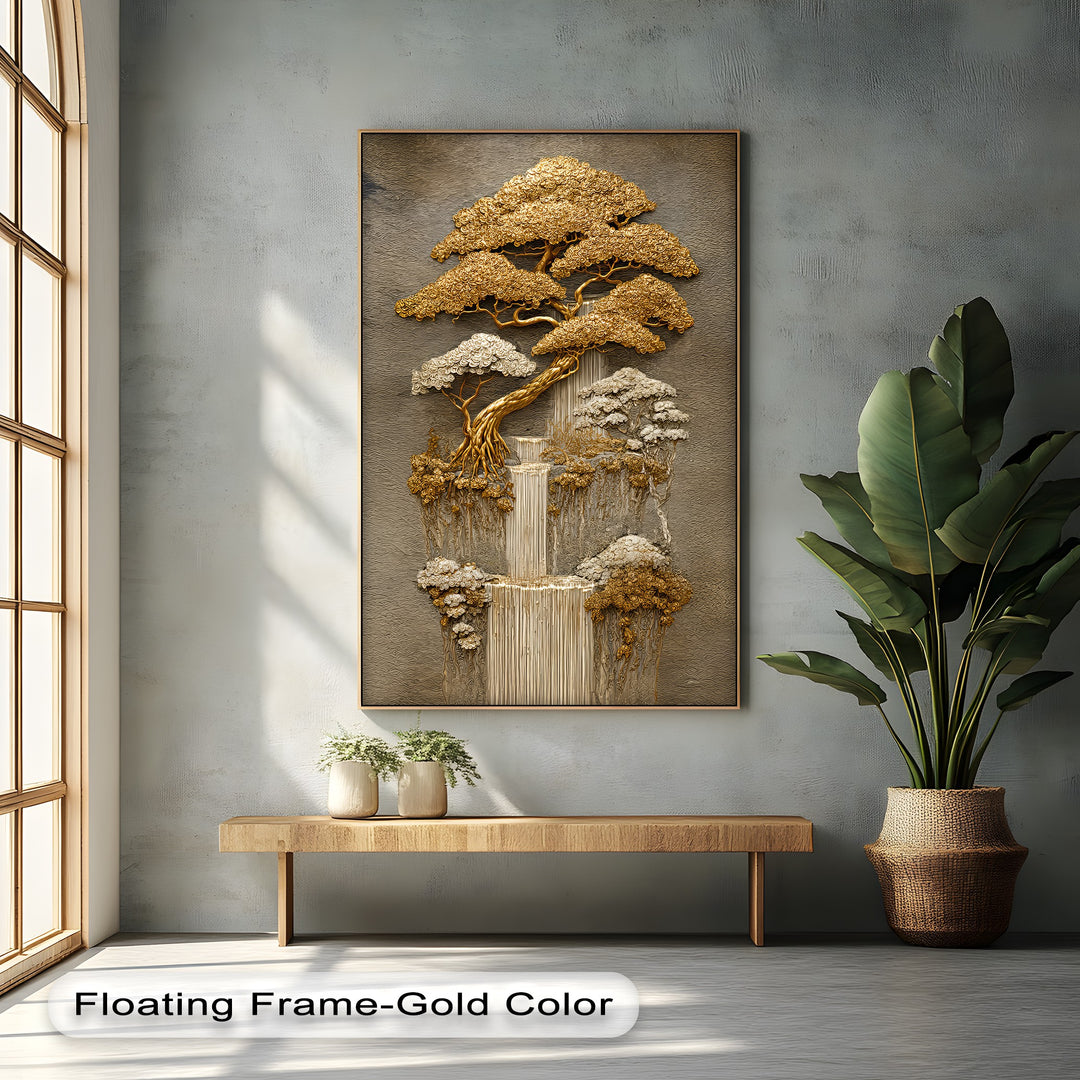 Golden Harmony – Layered Bonsai Trees and Waterfall Canvas Print