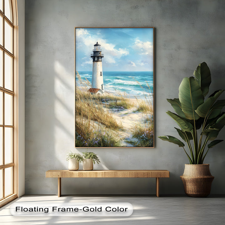 Sunlit beach dunes are captured in this coastal lighthouse canvas painting, showcasing the bright sky and serene beach landscape wall art.