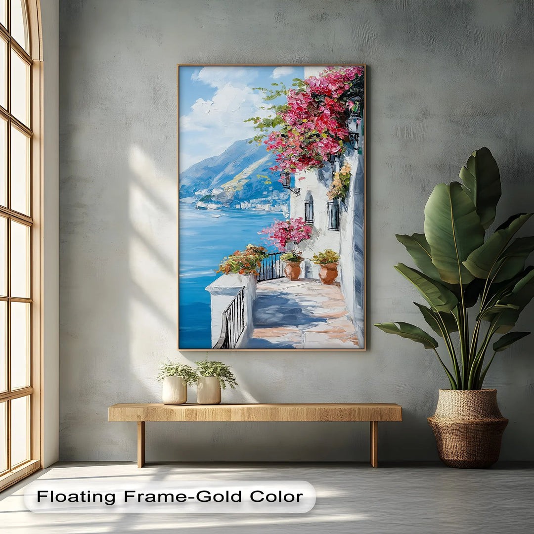 Sunlit Balcony by the Amalfi – Seaside Floral Canvas Print
