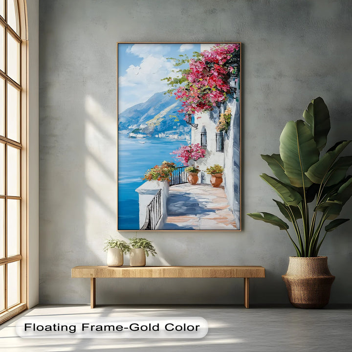 Sunlit Balcony by the Amalfi – Seaside Floral Canvas Print