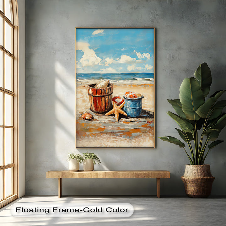 Beach Day Memories – Vibrant Coastal Bucket Scene Canvas Prints