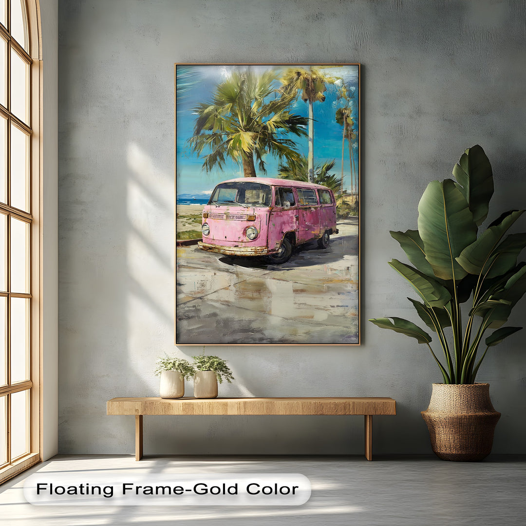 Pink Paradise Ride – Vintage Van by the Beach Canvas Print