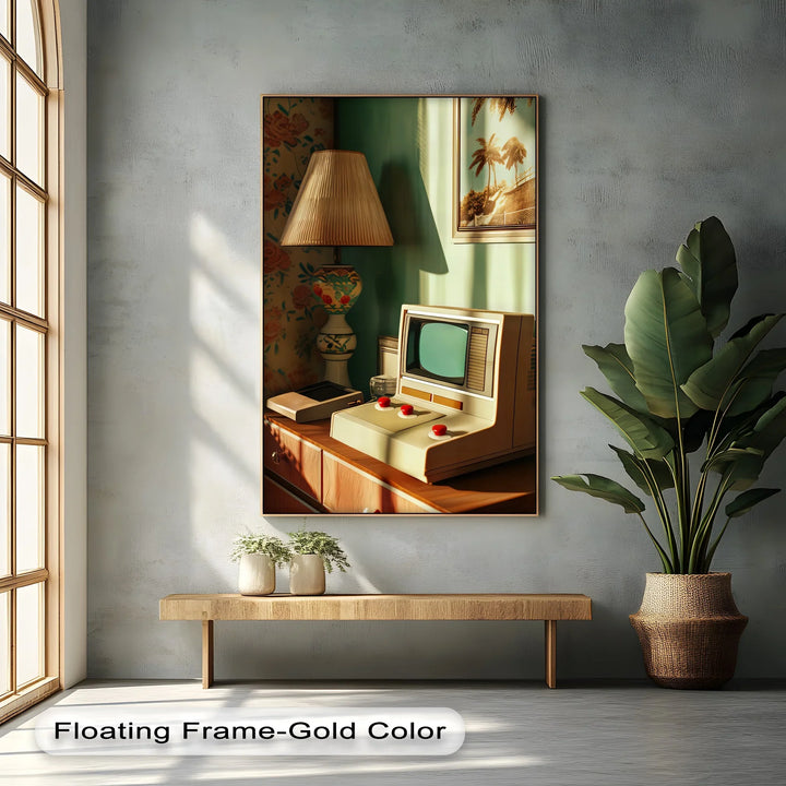 Vintage Computer with Lamp – Retro Style Canvas Print