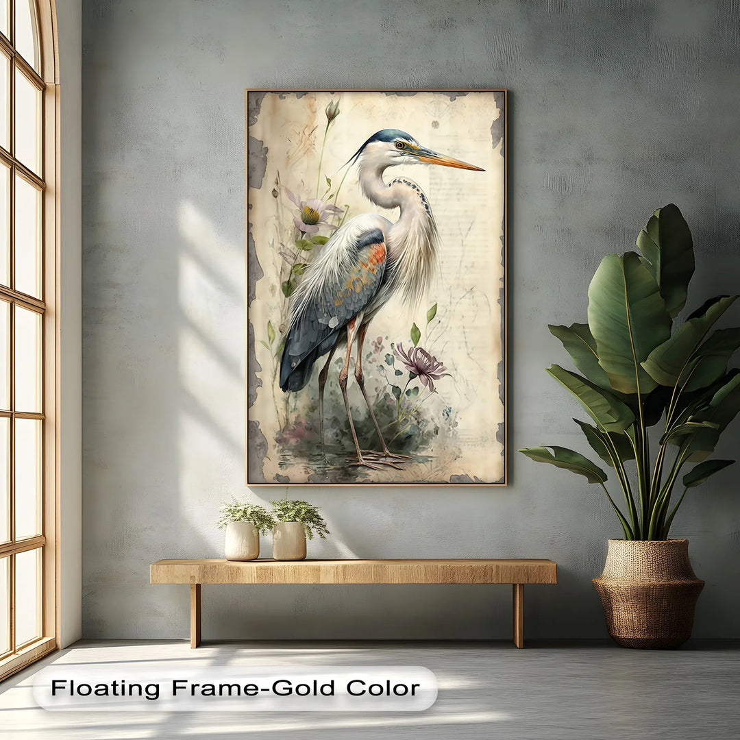 Graceful Heron Amid Wildflowers – Vintage Nature Canvas Print - MyPhotoStation