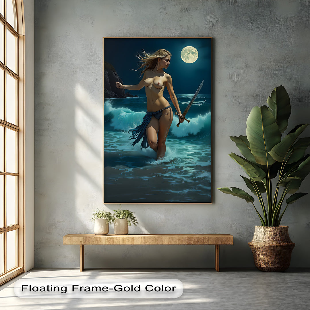 Moonlit Warrior – Sword-Wielding Nude Canvas Wall Art | Abstract Art