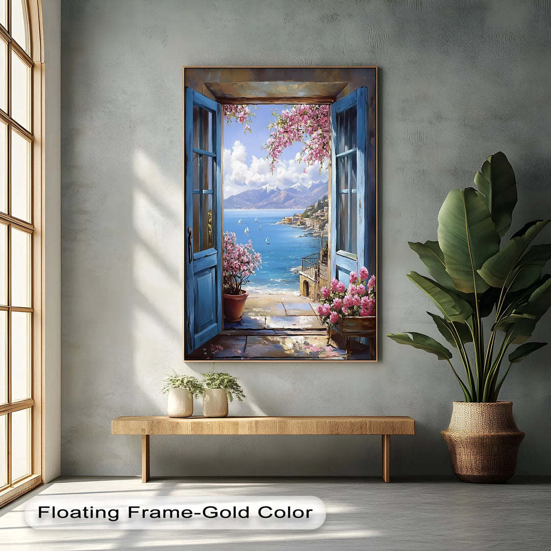 Mediterranean View – Open Window with Coastal Seascape Canvas Print - MyPhotoStation