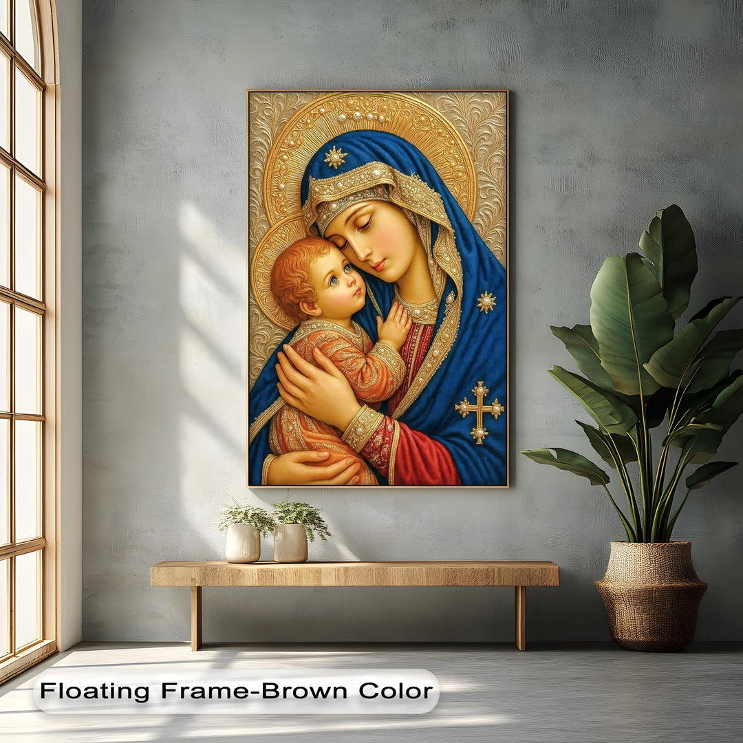 The simple wooden bench with green potted plants forms the foreground below the spiritual Madonna and Child canvas painting.