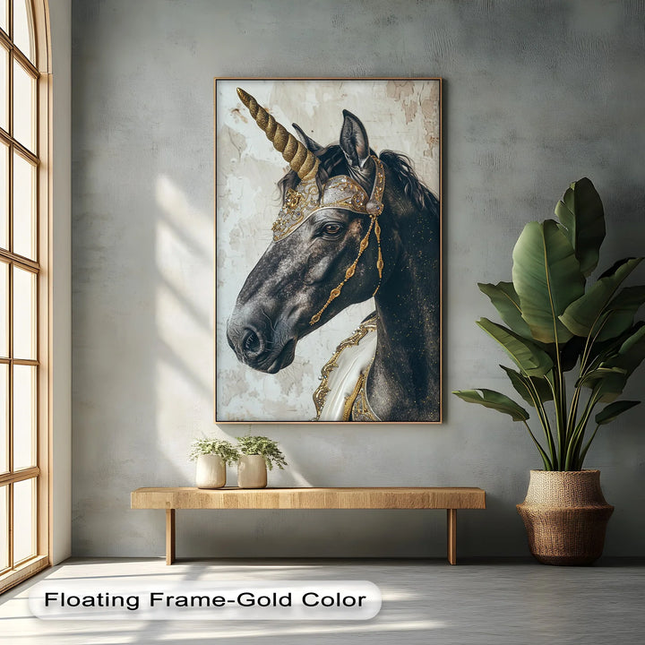 Regal Black Unicorn with Golden Armor – Fantasy Animal Canvas Print - MyPhotoStation