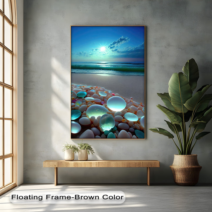 Movement of brilliant sunset light over shimmering ocean waves and luminous pebbles defines this captivating canvas wall decor.