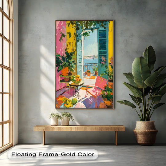 Canvas wall art with a vibrant transition from sun-drenched balcony colors to a clear azure ocean view