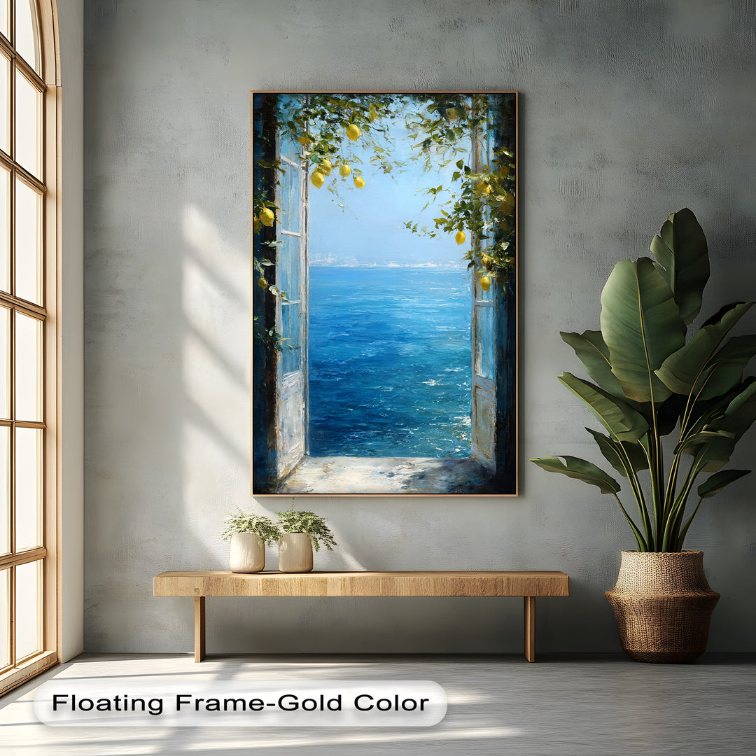 Vibrant color saturation enhances the Mediterranean lemon window premium canvas decor, showcasing bright blues of the coastal sea view and vivid yellows of the lemons.