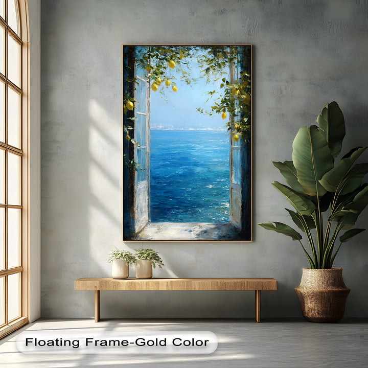 Vibrant color saturation enhances the Mediterranean lemon window premium canvas decor, showcasing bright blues of the coastal sea view and vivid yellows of the lemons.