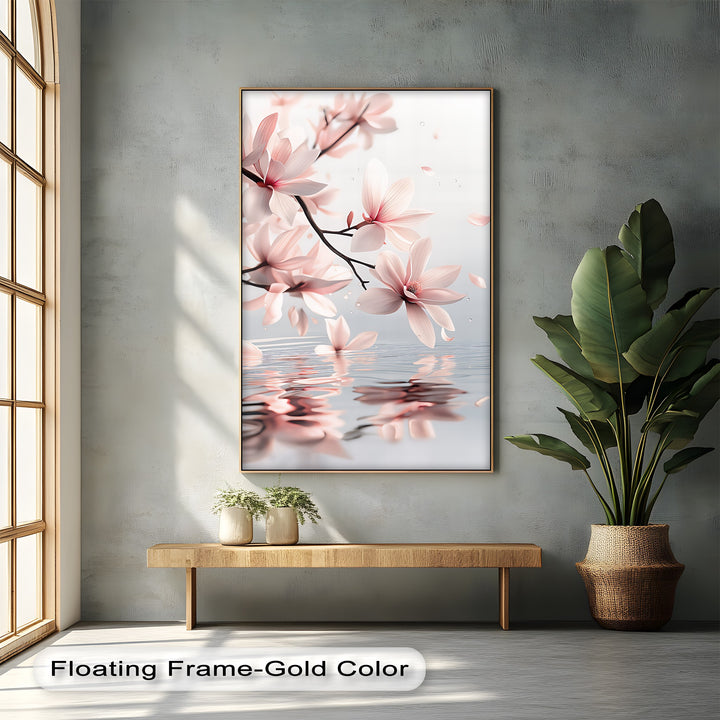 Blush Magnolia Blooms Reflected on Water – Tranquil Floral Canvas Print