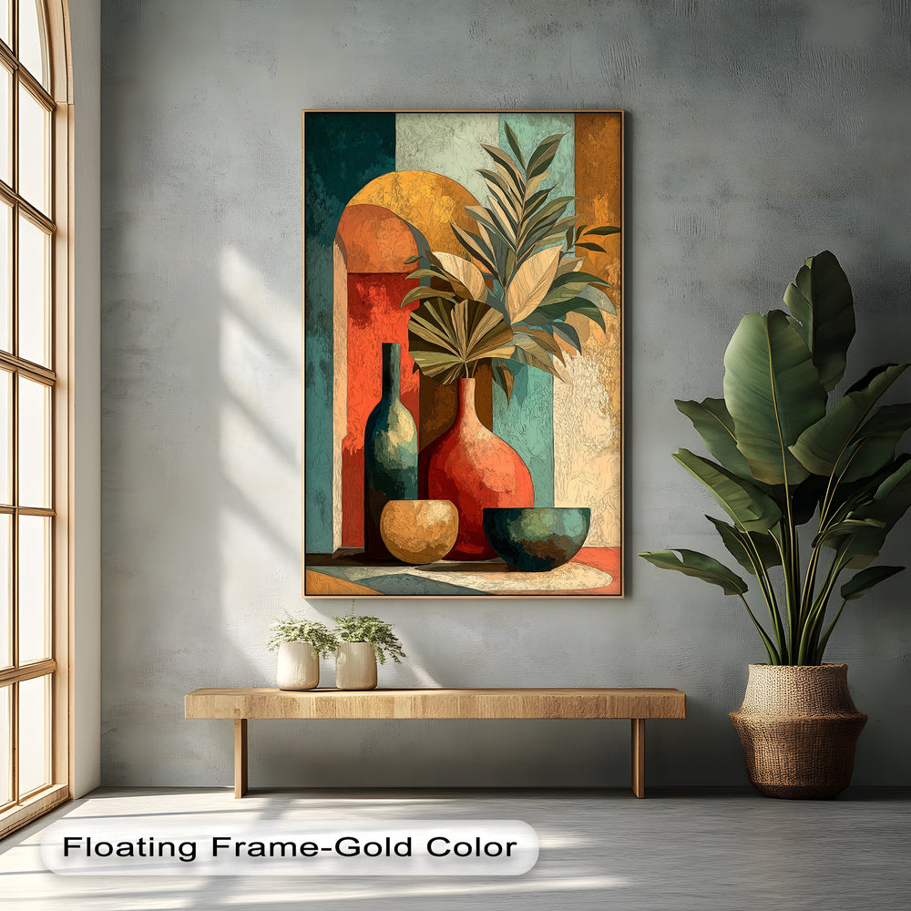 Light and shadow accentuate the textures of this modern botanical still life canvas wall art, highlighting the abstract vase and tropical leaves within the composition.