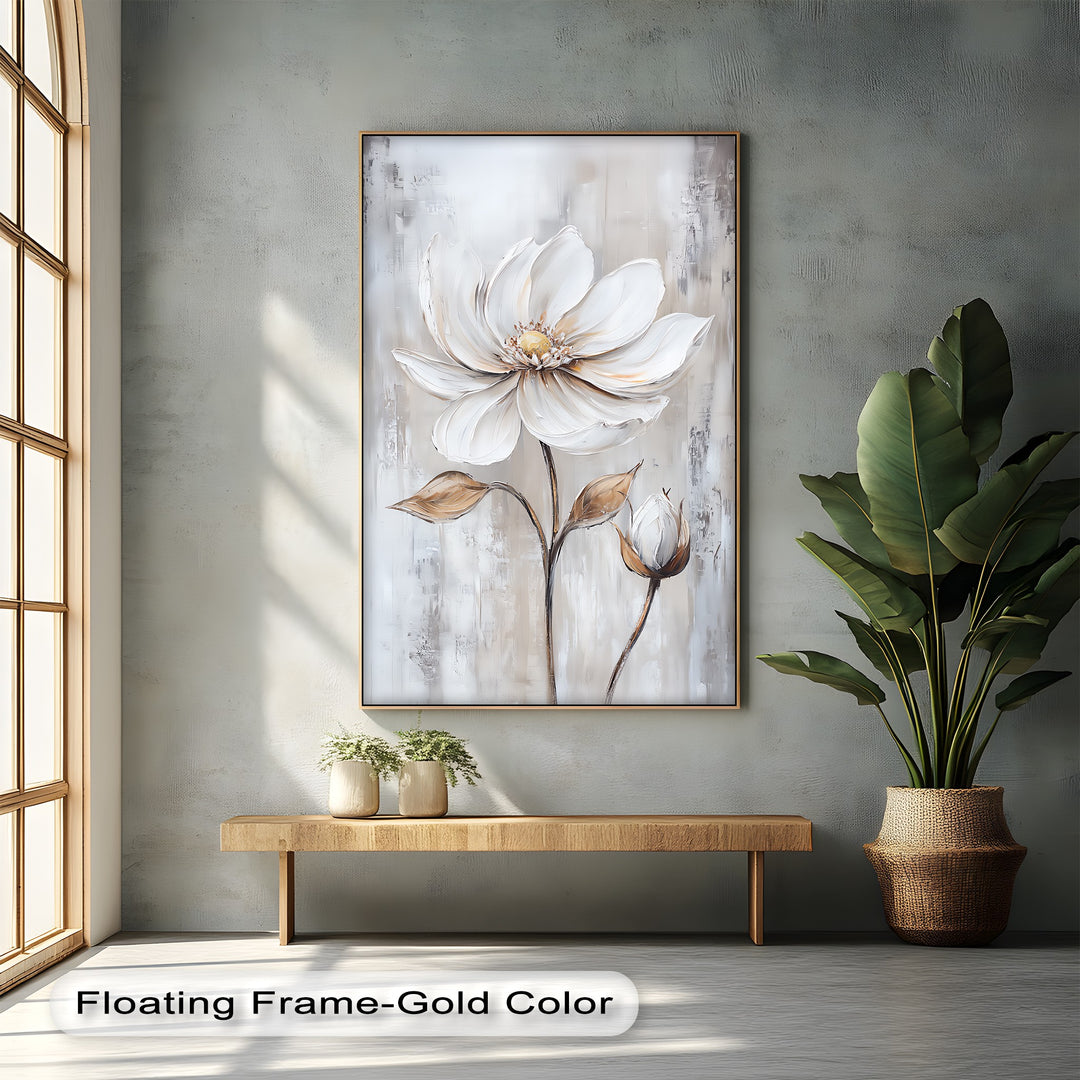 White Petal Blossom with Golden Hints – Elegant Floral Canvas Print