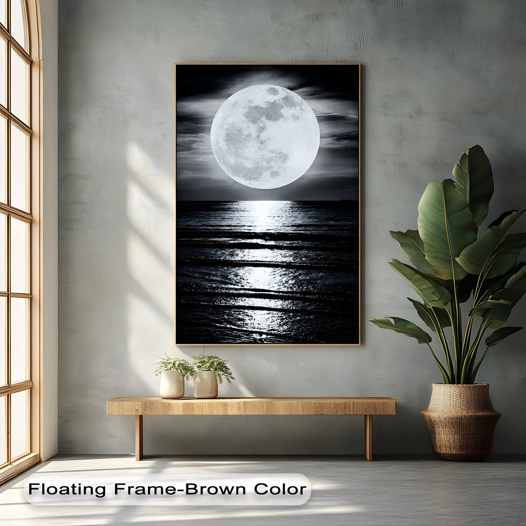 Light and shadow starkly illuminate the canvas art prints, showcasing a luminous full moon casting a brilliant reflection on the dark, undulating ocean.