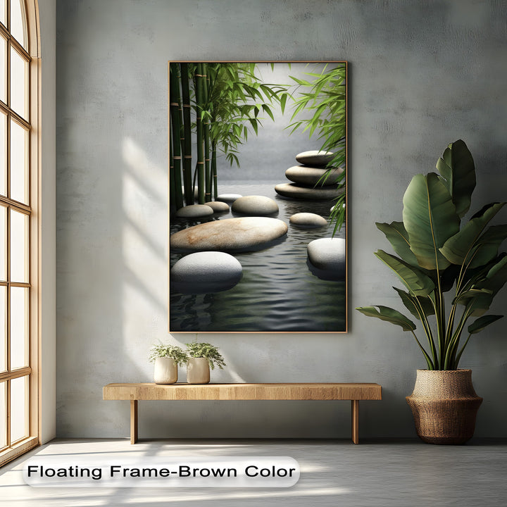 The soft, subtle reflections on the tranquil water within the serene bamboo zen canvas pictures evoke a peaceful feeling.