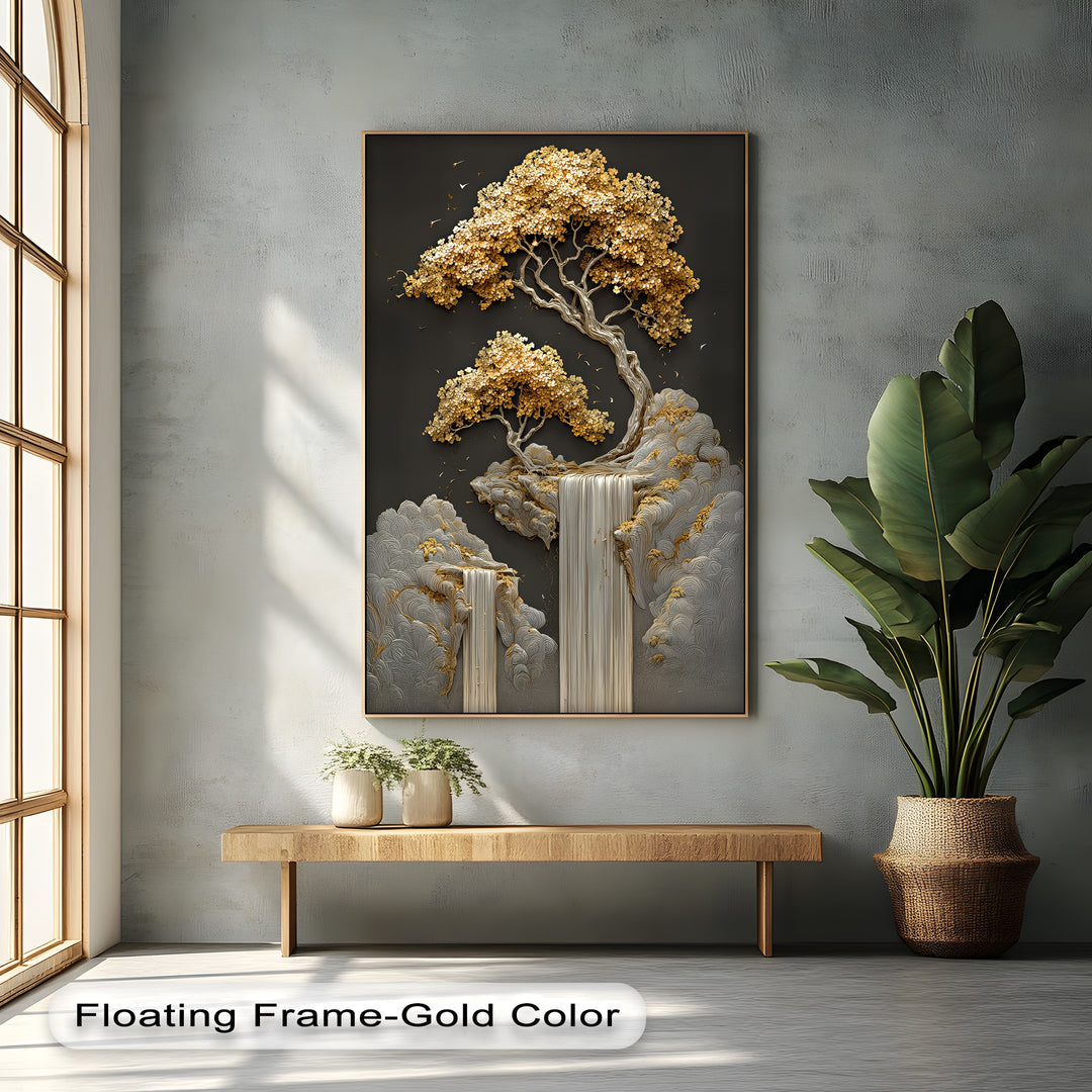 Golden Cascades – Abstract Tree and Waterfall Canvas Print