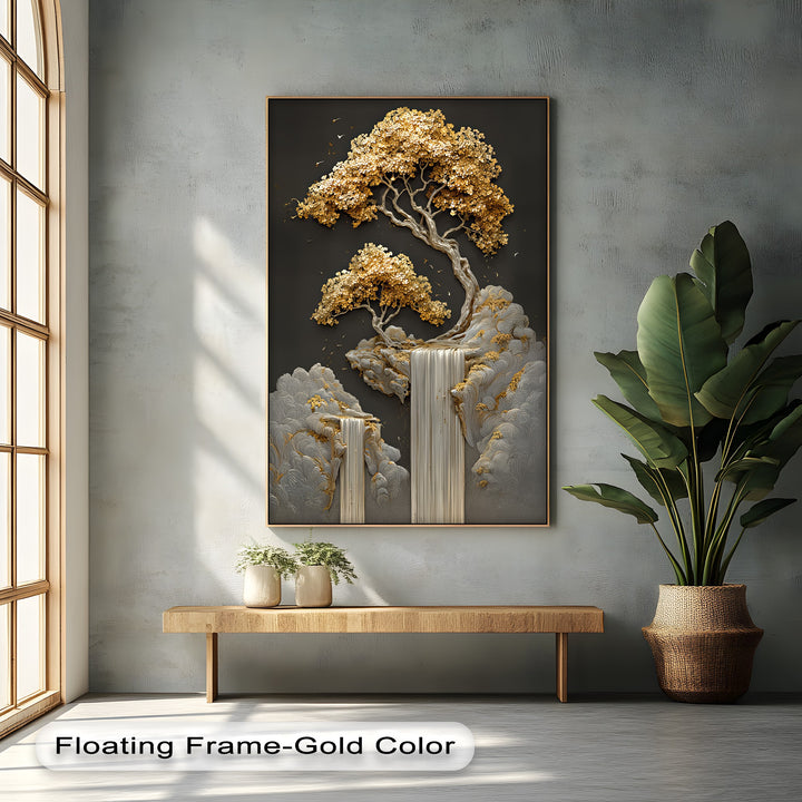 Golden Cascades – Abstract Tree and Waterfall Canvas Print