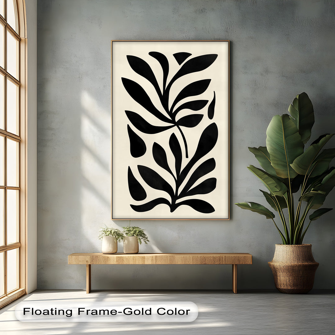 Suggesting a gentle sway, this minimalist black botanical high quality canvas prints showcases abstract leaf wall art with a captivating sense of movement.