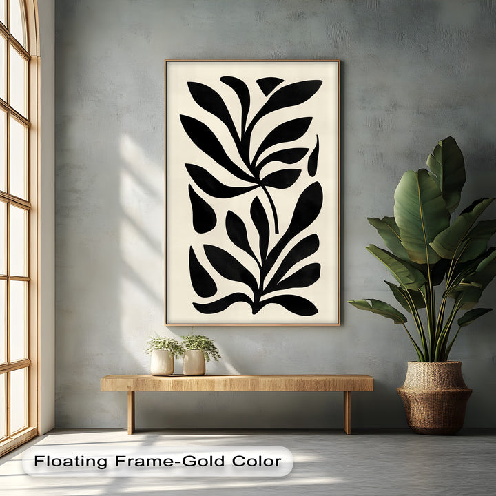 Suggesting a gentle sway, this minimalist black botanical high quality canvas prints showcases abstract leaf wall art with a captivating sense of movement.