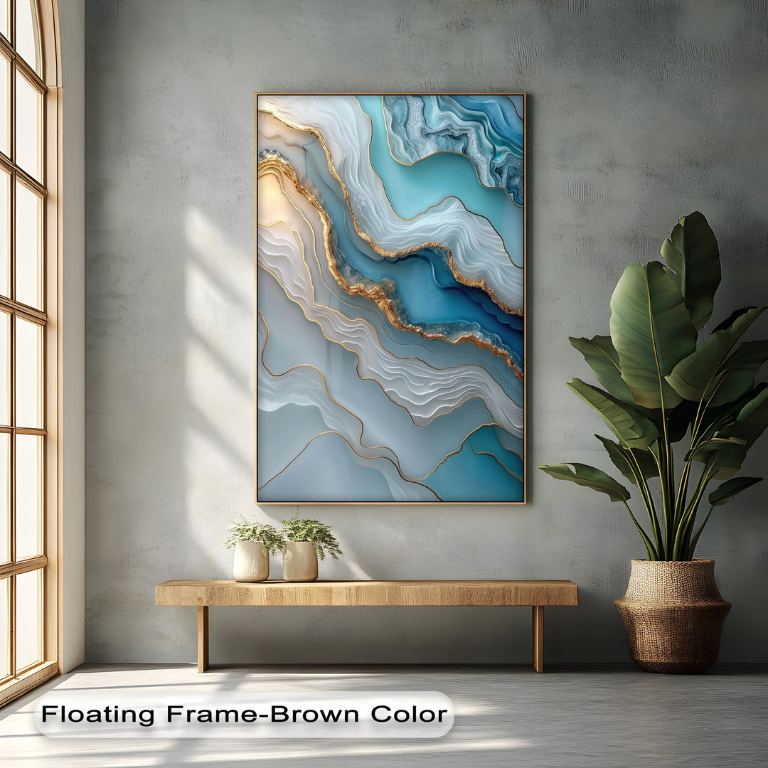 The deepest shadows on the right wall enhance the luminous abstract marble hanging canvas, emphasizing its turquoise agate layers and golden lines.