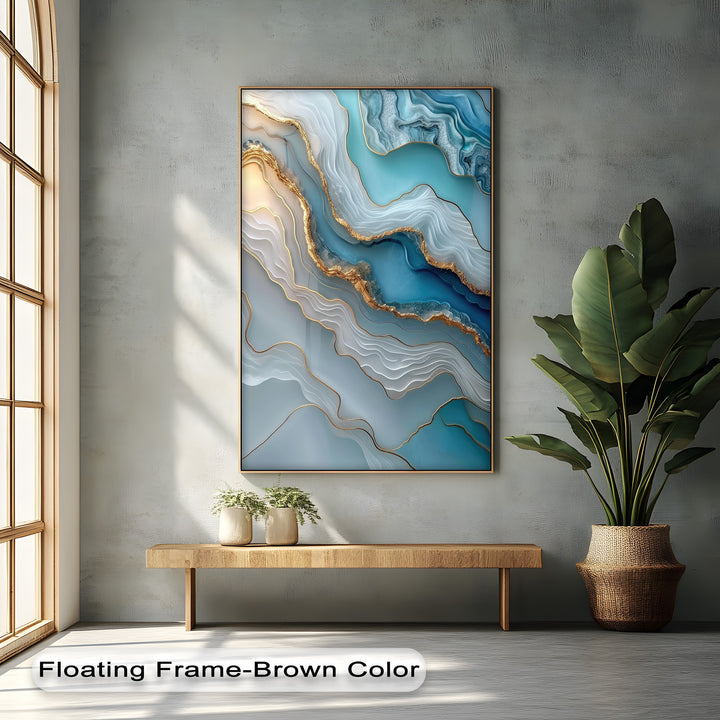 The deepest shadows on the right wall enhance the luminous abstract marble hanging canvas, emphasizing its turquoise agate layers and golden lines.