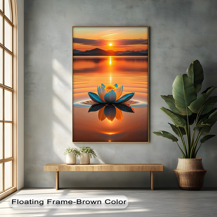 Captivating layering effect in this premium canvas decor features a vibrant golden sunset over tranquil lake water with a reflective lotus blossom.