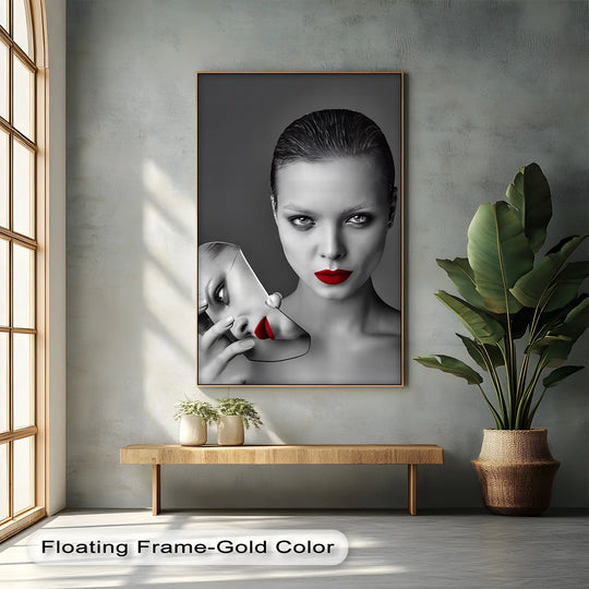 Illuminated by the brightest area, this 'Reflections of Identity' surreal black and white portrait canvas artwork captures a woman with striking red lips.