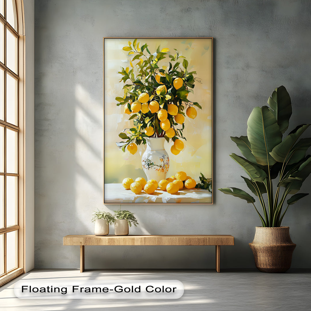 Golden Citrus Bloom – Lemons in Porcelain Vase Canvas Print