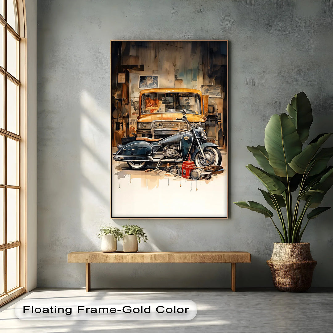 Garage Time – Classic Motorcycle and Vintage Truck Canvas Print - MyPhotoStation